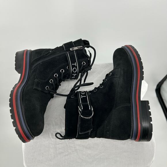 NWOB Womens Black Leather Tommy Hilfiger Buckle Platform Combat Ankle Boots 8.5M - Picture 5 of 8